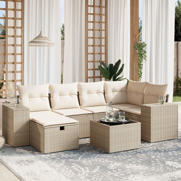 vidaXL Set Divani da Giardino 7 pz con Cuscini Beige in Polyrattan