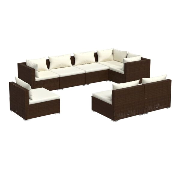 vidaXL Set Divani da Giardino 8 pz con Cuscini in Polyrattan Marrone