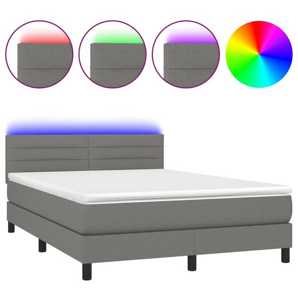 vidaXL Letto a Molle Materasso e LED Grigio Scuro 140x200cm in Tessuto