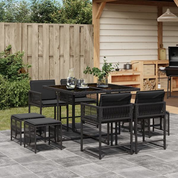 vidaXL Set da Pranzo da Giardino 9 pz con Cuscini Nero in Polyrattan