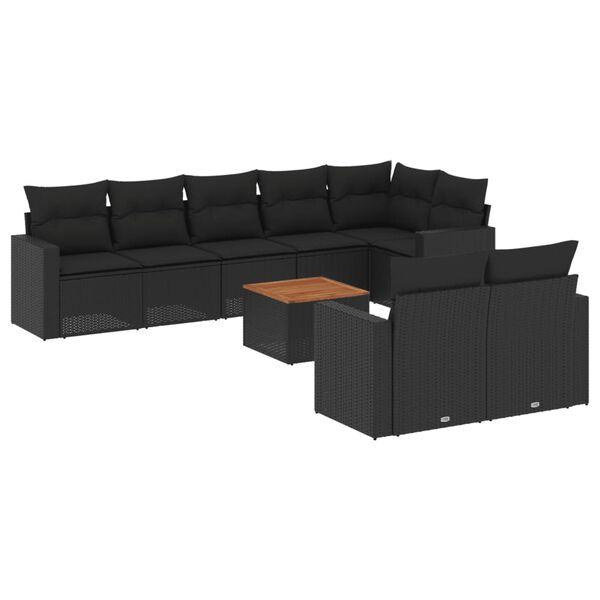 vidaXL Set Divani da Giardino 9 pz con Cuscini Nero in Polyrattan