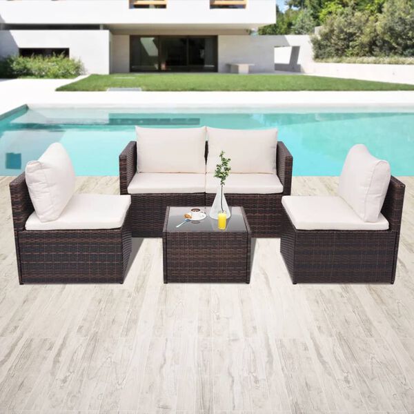 vidaXL Set Divani da Giardino 5 pz con Cuscini in Polyrattan Marrone