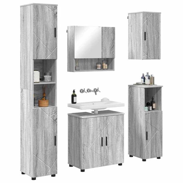 vidaXL Set di mobili per il bagno con porta 5 pcs Grigio Sonoma