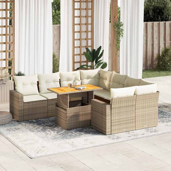 vidaXL Set Divano da Giardino 9 pz con Cuscini Beige in Polyrattan