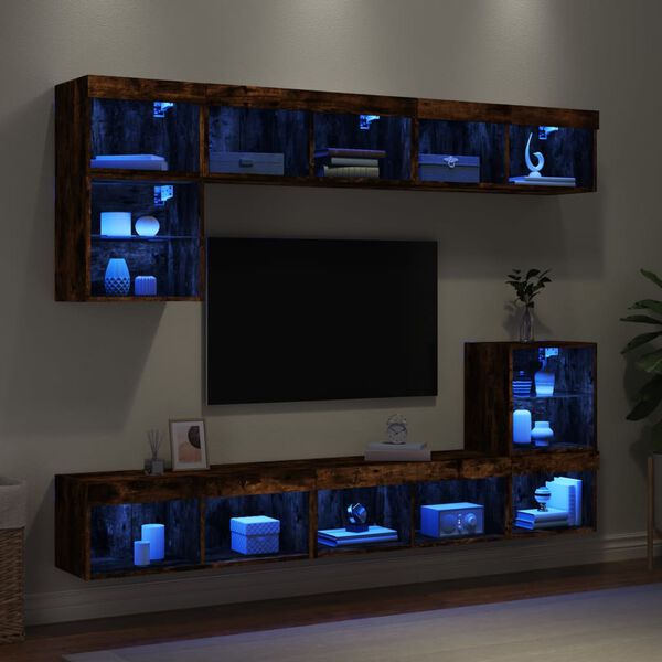 vidaXL Mobili TV a Muro con LED 8pz Rovere Fumo in Legno Multistrato
