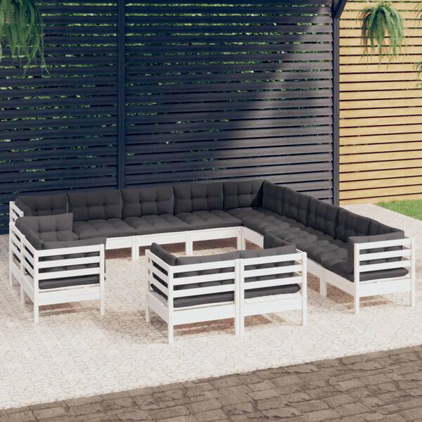 vidaXL Set Divani da Giardino 13 pz con Cuscini Bianchi Legno di Pino