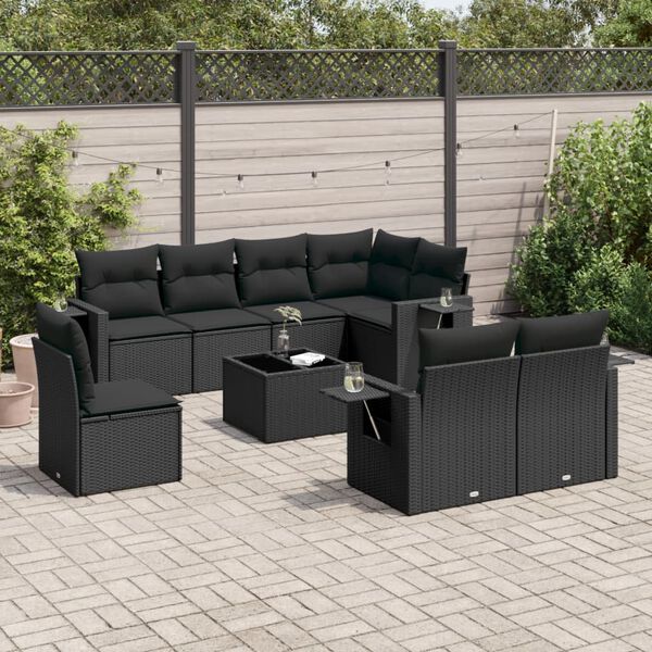 vidaXL Set Divani da Giardino 9 pz con Cuscini Nero in Polyrattan