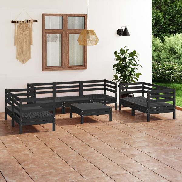 vidaXL Set Divani da Giardino 8 pz Nero in Legno Massello di Pino
