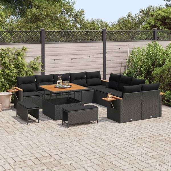 vidaXL Set Divano da Giardino con cuscino 17 pcs Nero polyrattan