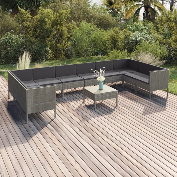 vidaXL Set Divani da Giardino 11 pz con Cuscini in Polyrattan Grigio