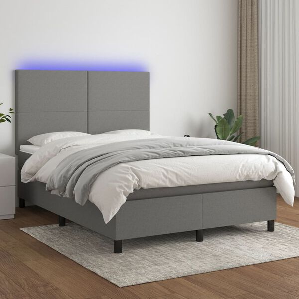 vidaXL Letto a Molle Materasso e LED Grigio Scuro 140x190cm in Tessuto
