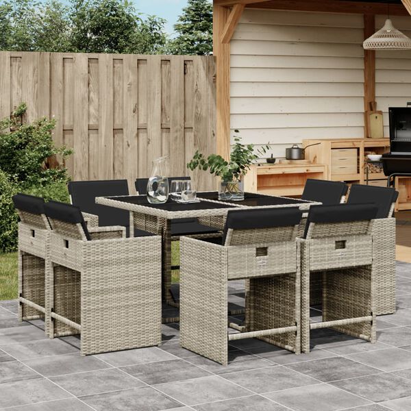 vidaXL Set Pranzo da Giardino 9pz con Cuscini Grigio Chiaro Polyrattan
