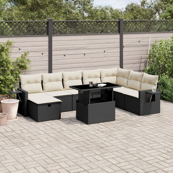vidaXL Set Divani da Giardino 9 pz con Cuscini Nero in Polyrattan