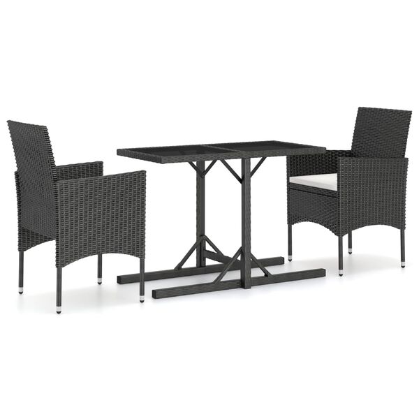 vidaXL Set Pranzo da Giardino 3pz in Polyrattan e Vetro Temperato Nero