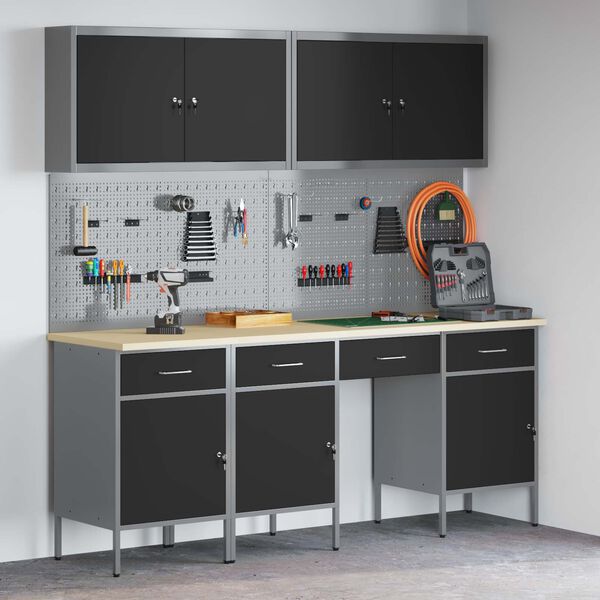 vidaXL Mobile da lavoro 10 pcs Nero Legno ingegnerizzato e acciaio