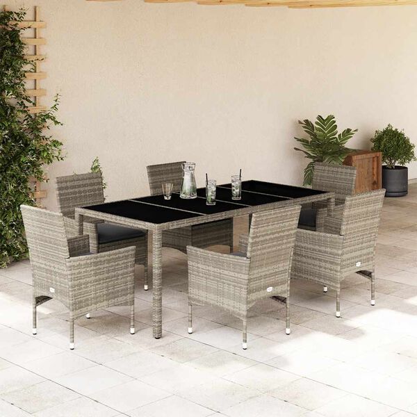 vidaXL Set Pranzo Giardino 7 pz Cuscini Grigio Chiaro Polyrattan Vetro
