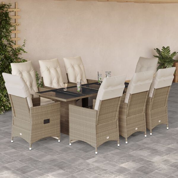 vidaXL Set da Bistr&ograve; da Giardino 9 pz con Cuscini Beige in Polyrattan