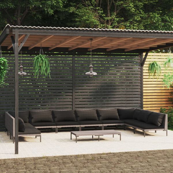 vidaXL Divani da Giardino 11 pz con Cuscini in Polyrattan Grigio Scuro