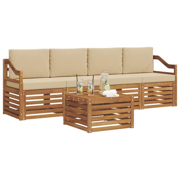 vidaXL Set divani 5 pcs Naturale e Beige Legno di Acacia Massello