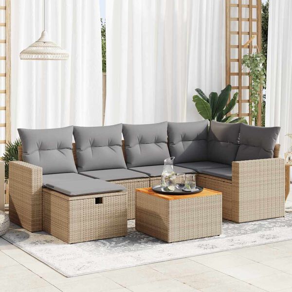 vidaXL Set Divani da Giardino 7 pz con Cuscini Beige in Polyrattan
