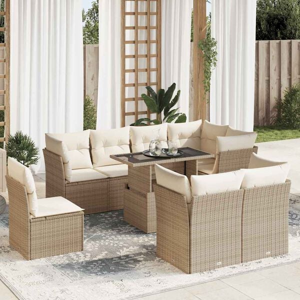vidaXL Set Divano da Giardino 9 pz con Cuscini Beige in Polyrattan