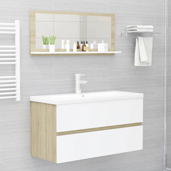 vidaXL Specchio Bagno Bianco e Rovere Sonoma 90x10,5x37 cm Multistrato