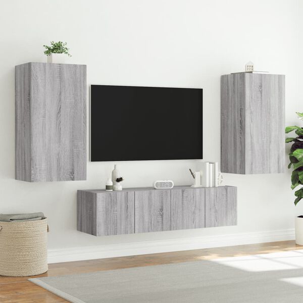 vidaXL Mobili TV a Muro con LED 4pz Grigio Sonoma in Legno Multistrato