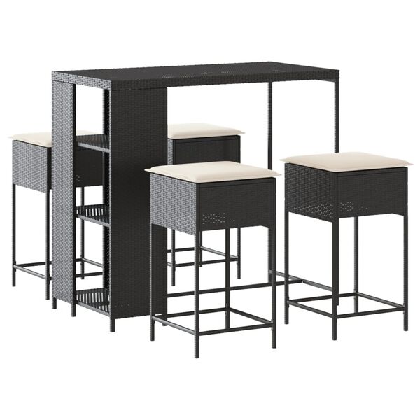 vidaXL Set Bar da Giardino 5 pz con Cuscini in Polyrattan Nero