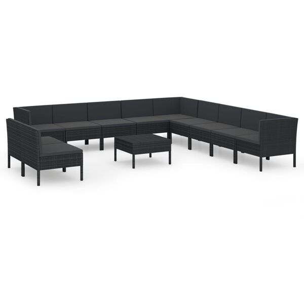 vidaXL Set Divani da Giardino 12 pz con Cuscini in Polyrattan Nero