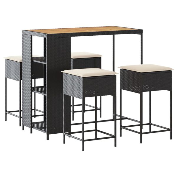 vidaXL Set Bar da Giardino 5 pz con Cuscini in Polyrattan Nero