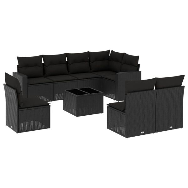 vidaXL Set Divani da Giardino 9 pz con Cuscini Nero in Polyrattan