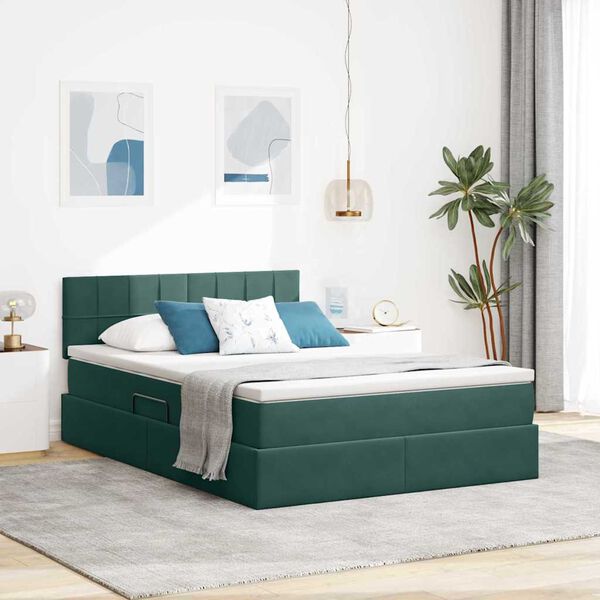 vidaXL Letto con contenitore e LED Verde Scuro 140 x 190 cm Velluto