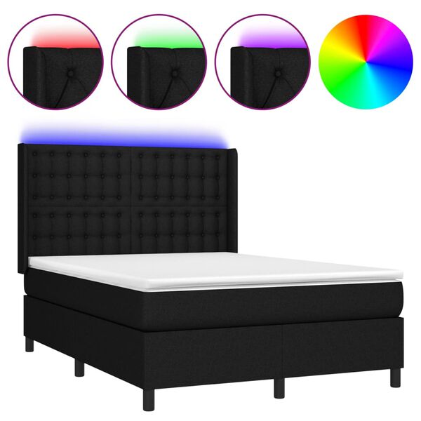 vidaXL Letto a Molle con Materasso e LED Nero 140x190 cm in Tessuto
