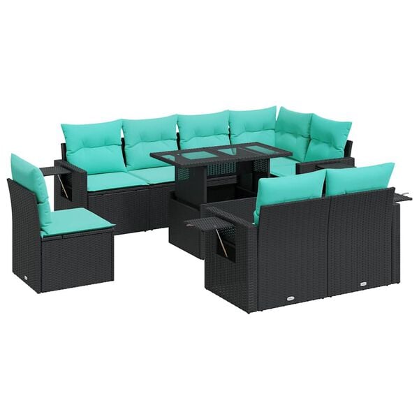 vidaXL Set Divani da Giardino 9 pz con Cuscini Nero Polyrattan Acacia
