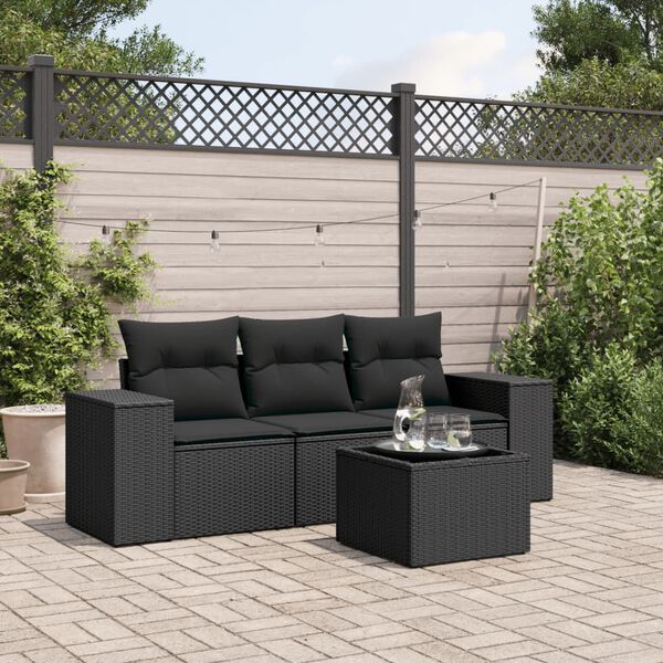 vidaXL Set Divani da Giardino 4 pz con Cuscini Nero in Polyrattan