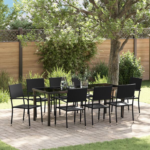 vidaXL Set da Pranzo per Giardino con cuscino 9 pcs Nero polyrattan