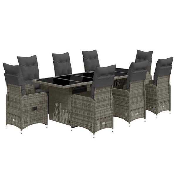 vidaXL Set Bistr&ograve; da Giardino 9 pz con Cuscini in Polyrattan Grigio