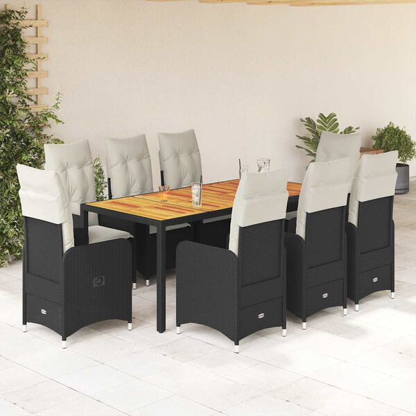 vidaXL Set Bistr&ograve; da Giardino 9 pz con Cuscini in Polyrattan Nero