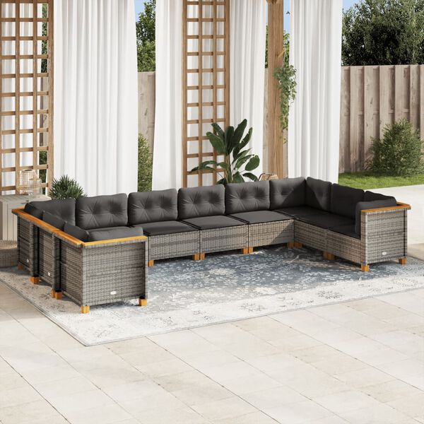 vidaXL Set Divano da Giardino 10 pz con Cuscini Grigio in Polyrattan
