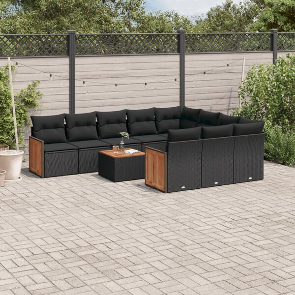 vidaXL Set Divani da Giardino 11 pz con Cuscini in Polyrattan Nero