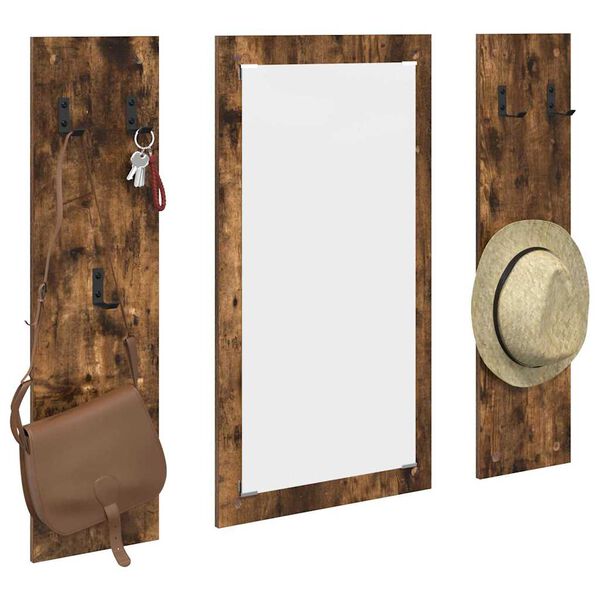 vidaXL Appendiabiti a muro con specchio Rovere fum&eacute; 96 x 1,5 x 90 cm