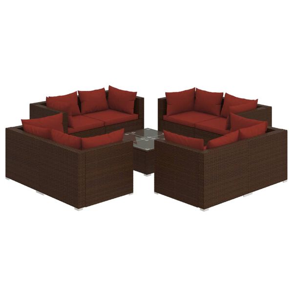 vidaXL Set Divani da Giardino 9 pz con Cuscini in Polyrattan Marrone
