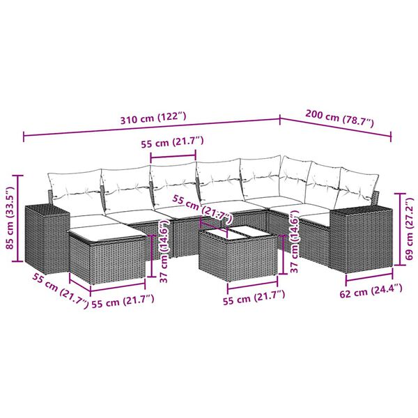 vidaXL Set Divani da Giardino 9 pz con Cuscini Nero in Polyrattan