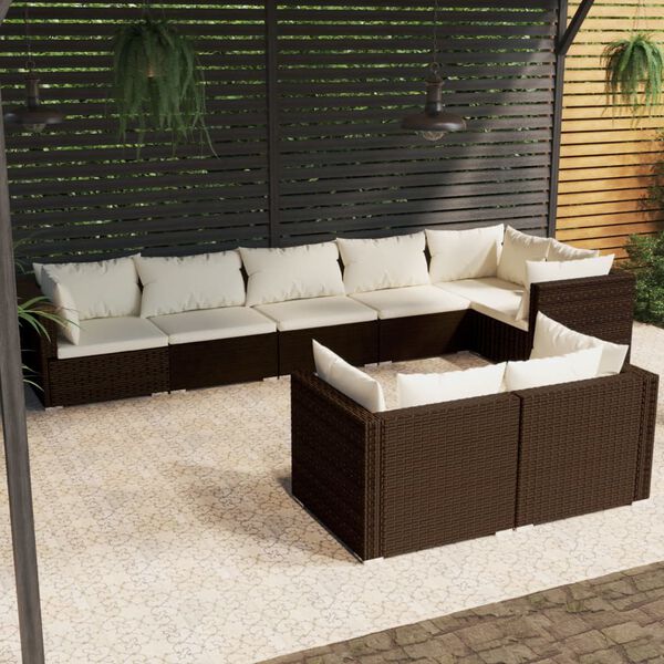 vidaXL Set Divani da Giardino 8 pz con Cuscini in Polyrattan Marrone