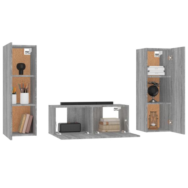 vidaXL Set Mobili Porta TV 3 pz Grigio Sonoma in Legno Multistrato