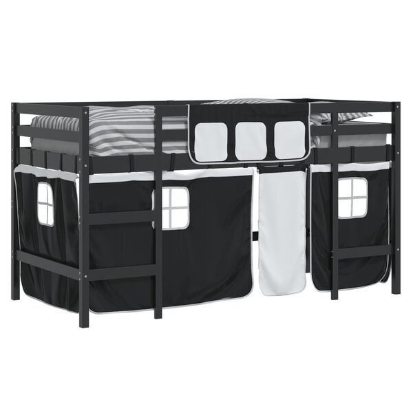 vidaXL Letto a Soppalco Bambini con Tende Bianco e Nero 90x190 cm Pino