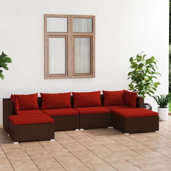 vidaXL Set Divani da Giardino 6 pz con Cuscini in Polyrattan Marrone