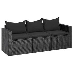 vidaXL Divano da Giardino a 3 Posti con Cuscini Nero in Polyrattan