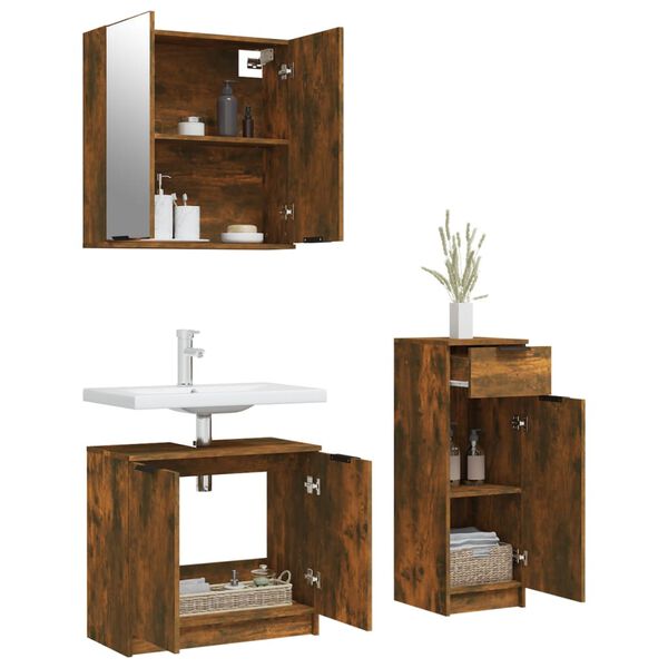 vidaXL Set Mobili da Bagno 3 pz Rovere Fumo in Legno Multistrato