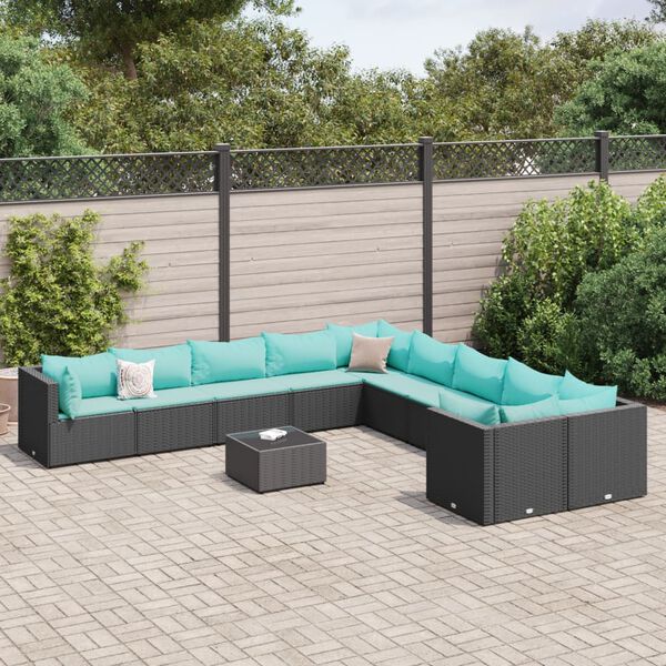 vidaXL Set Divani da Giardino 10pz con Cuscini in Polyrattan Nero